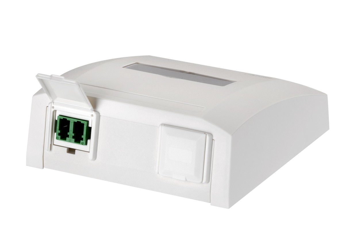 FTTH boîte app R+M bc  avec 1x LC APC élément central dupl 2x LC APC pigtail  1x bouchon bc