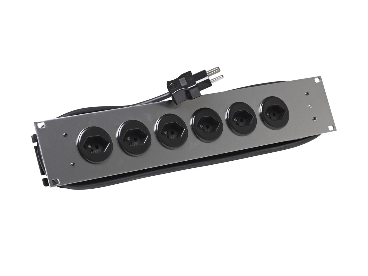 19"" Steckdosenleiste  2HE alu 6xT13 schwarz, mit Schalter AL: 3m Td 3x1 / T12 sw