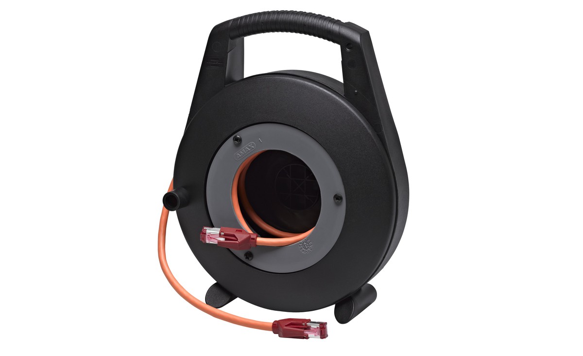 Kabelrolle klein CU 7702 flex 4P PUR orange Eca Stecker HIROSE TM-21 STP 2xRJ45 Kat.6, 10m