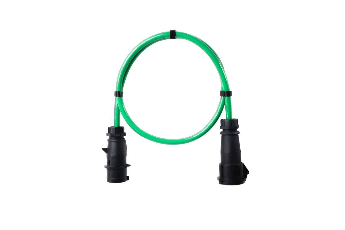 Alu Verlängerungskabel PUR Grün 5x6 konf. Stecker /Kupplung CEE 32A 5pol Schwarz 10m