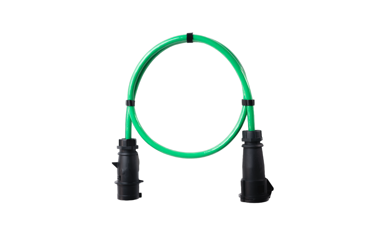 Alu Verlängerungskabel PUR Grün 5x6 konf. Stecker /Kupplung CEE 32A 5pol Schwarz 10m