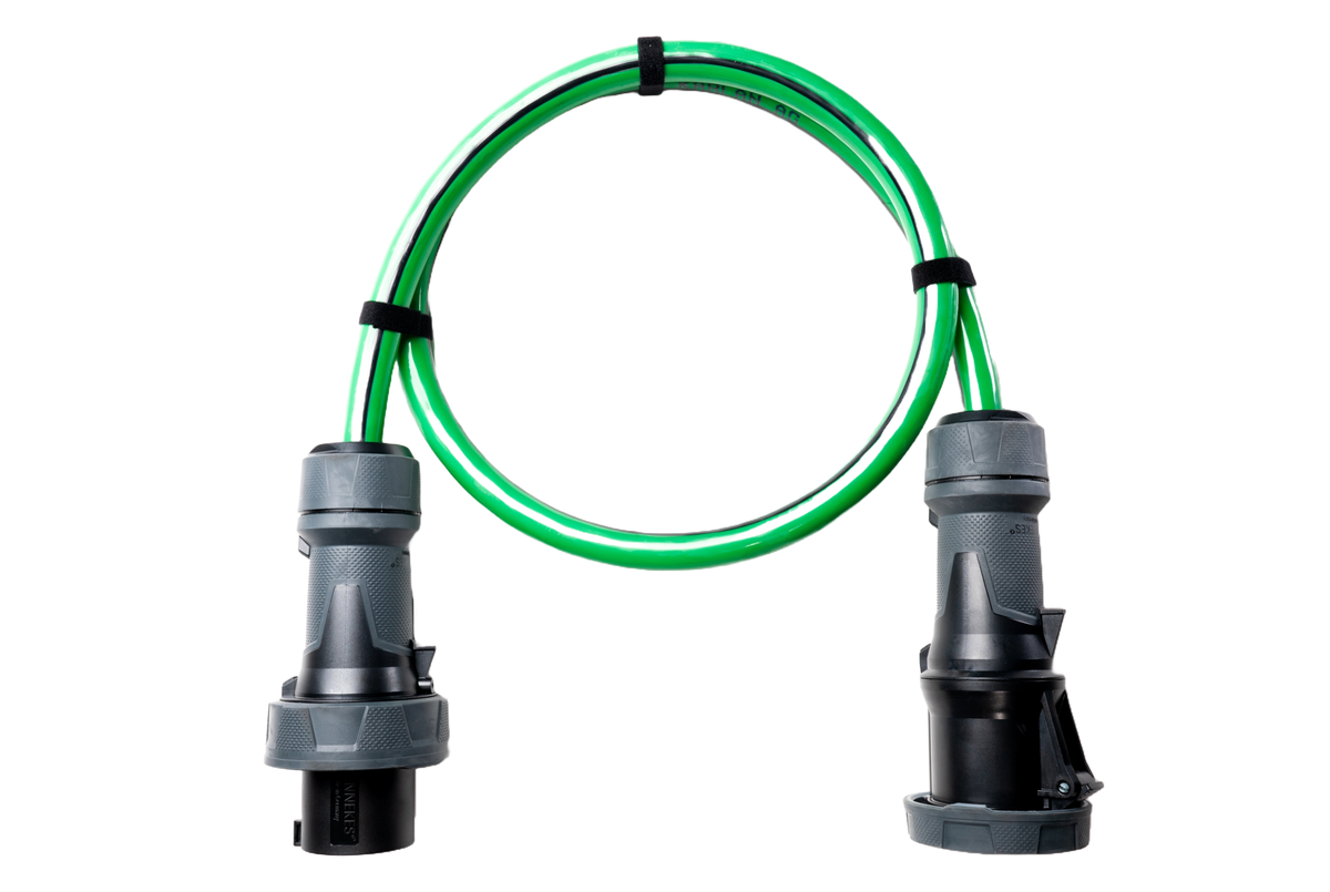 Alu Verlängerungskabel PUR Grün 5x50 konf. Stecker /Kupplung CEE 125A 5pol Schwarz 50m