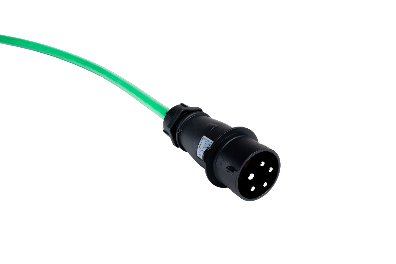 Alu Verlängerungskabel PUR Grün 5x6 konf. Stecker /Kupplung CEE 32A 5pol Schwarz 10m